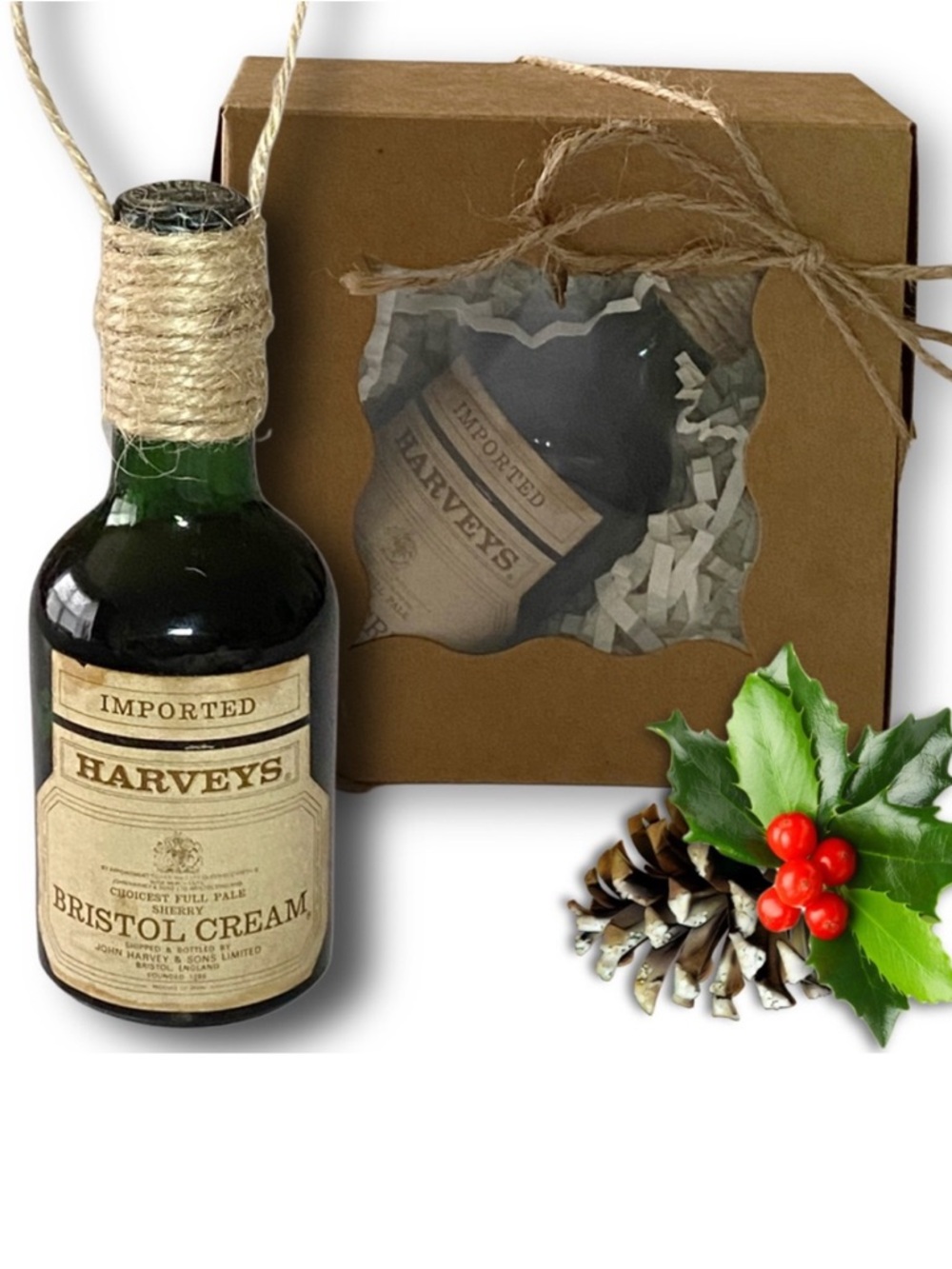 Harveys Bristol Cream Sherry Artisan Vintage Glass Miniature Bottle Ornament